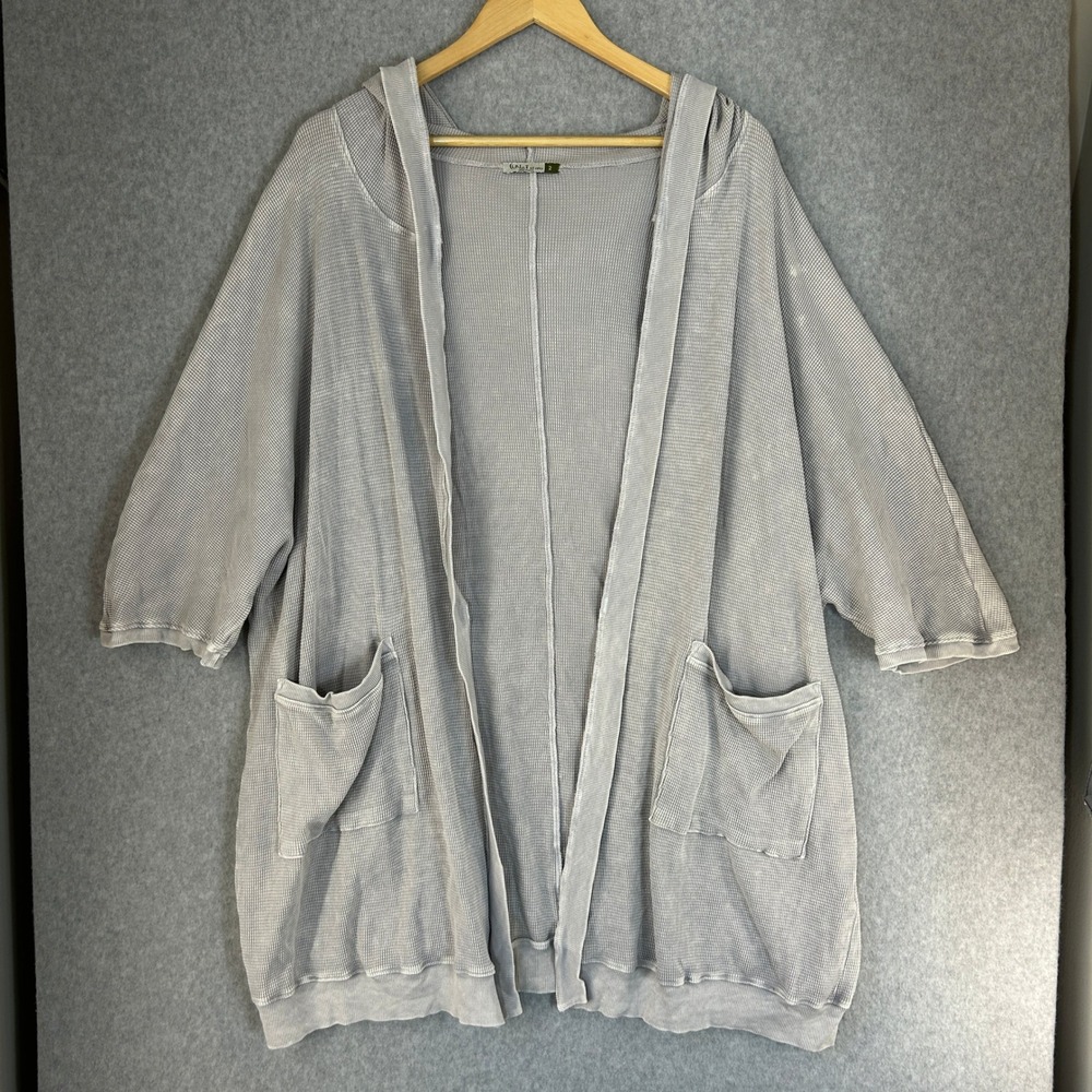 Chalet et‎ Ceci Gray Waffle Knit Cardigan Organic Cotton Hooded Open Size 2 L XL